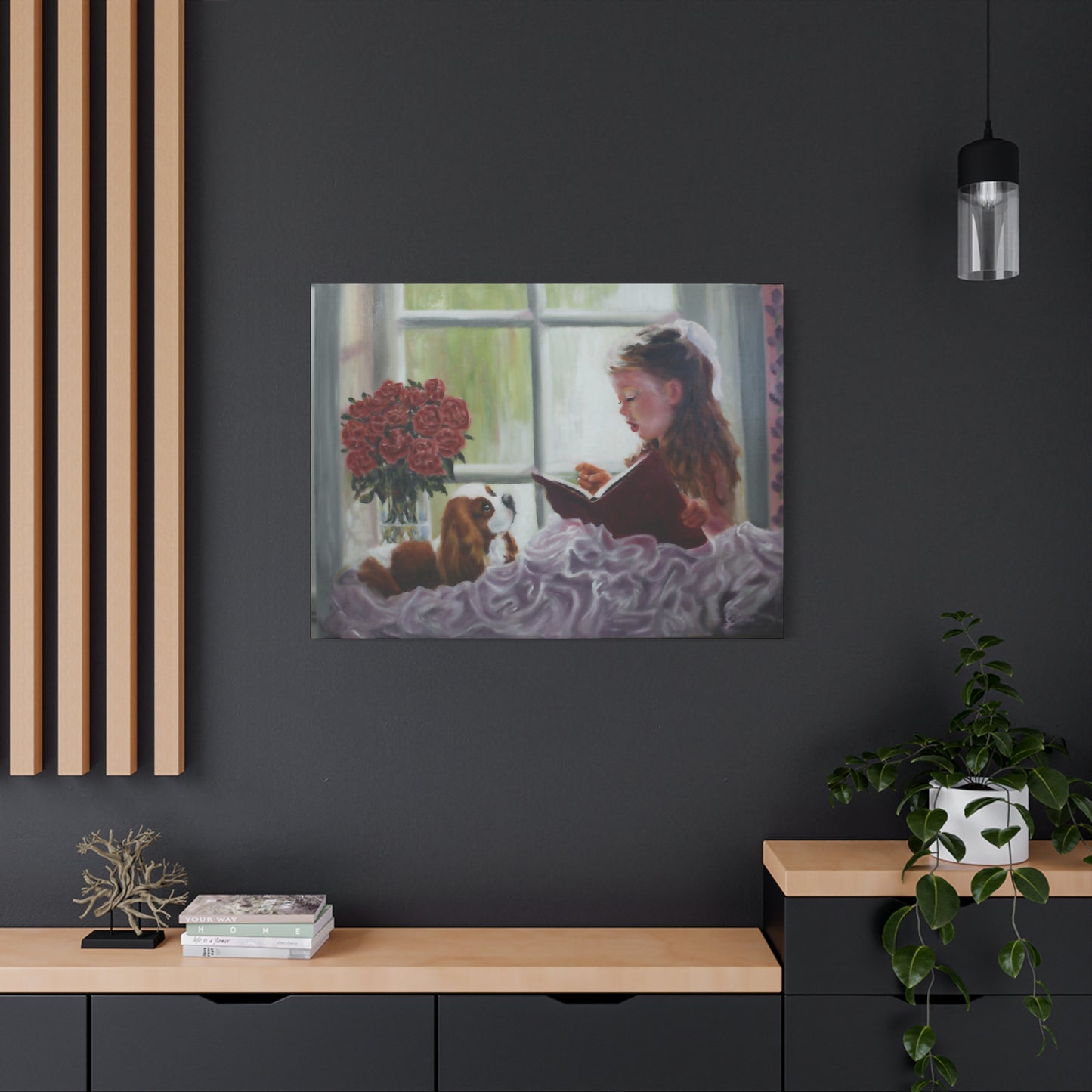 "Storyteller" Canvas Print - Girl Reading to Cavalier King Charles Spaniel
