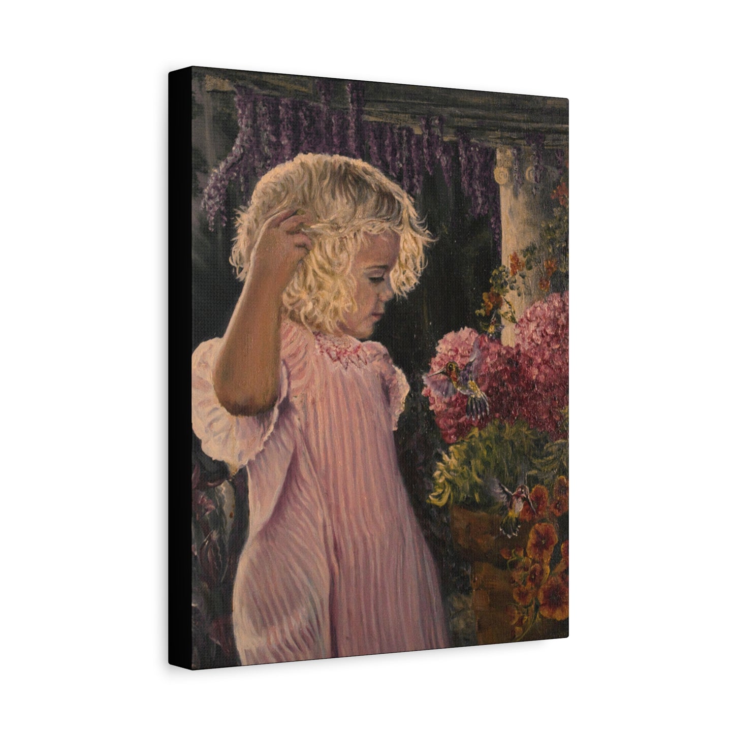 "Garden Surprise" Canvas Print - Girl with Hummingbirds Art