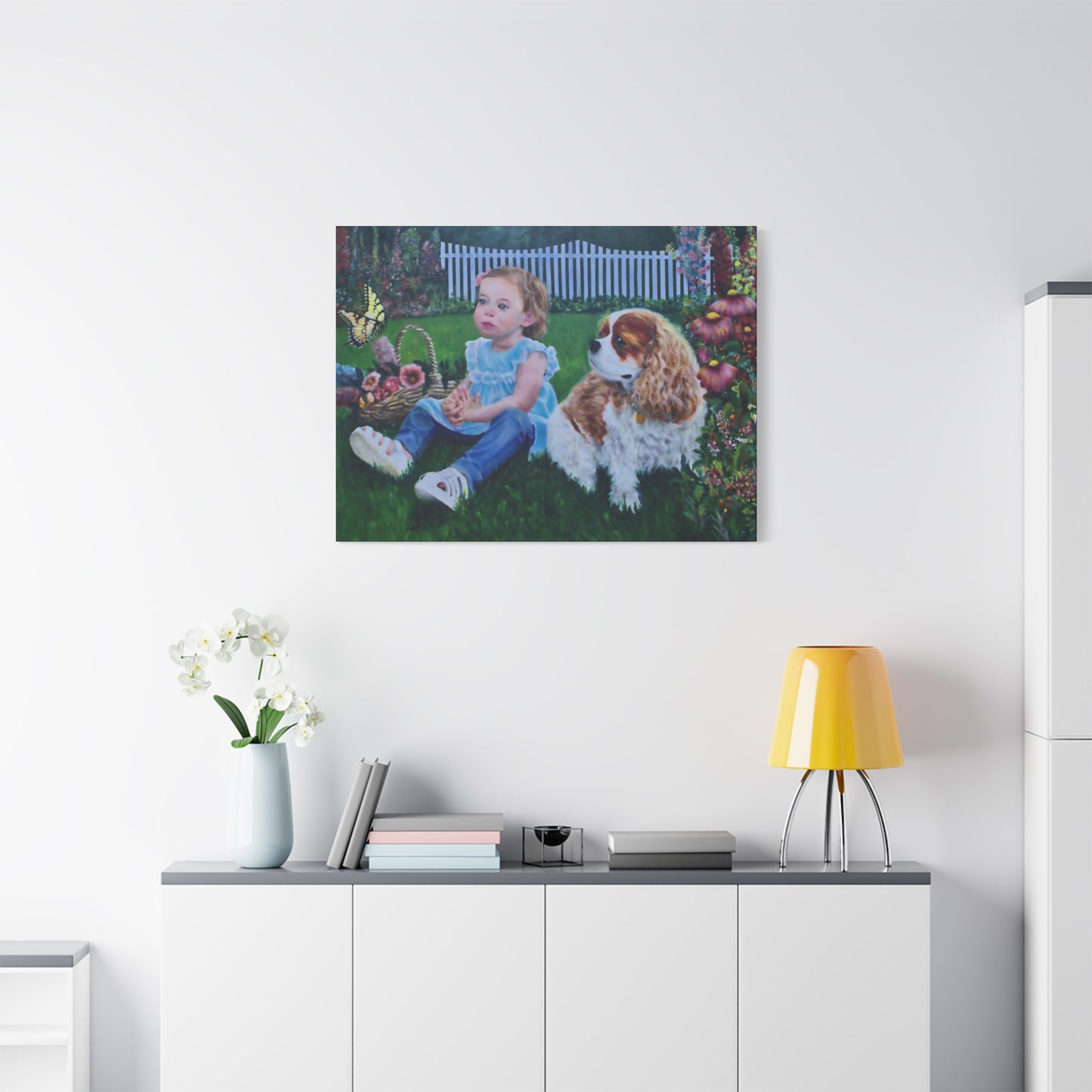"Innocence" Canvas Print - Girl with Dog Garden Butterfly Art
