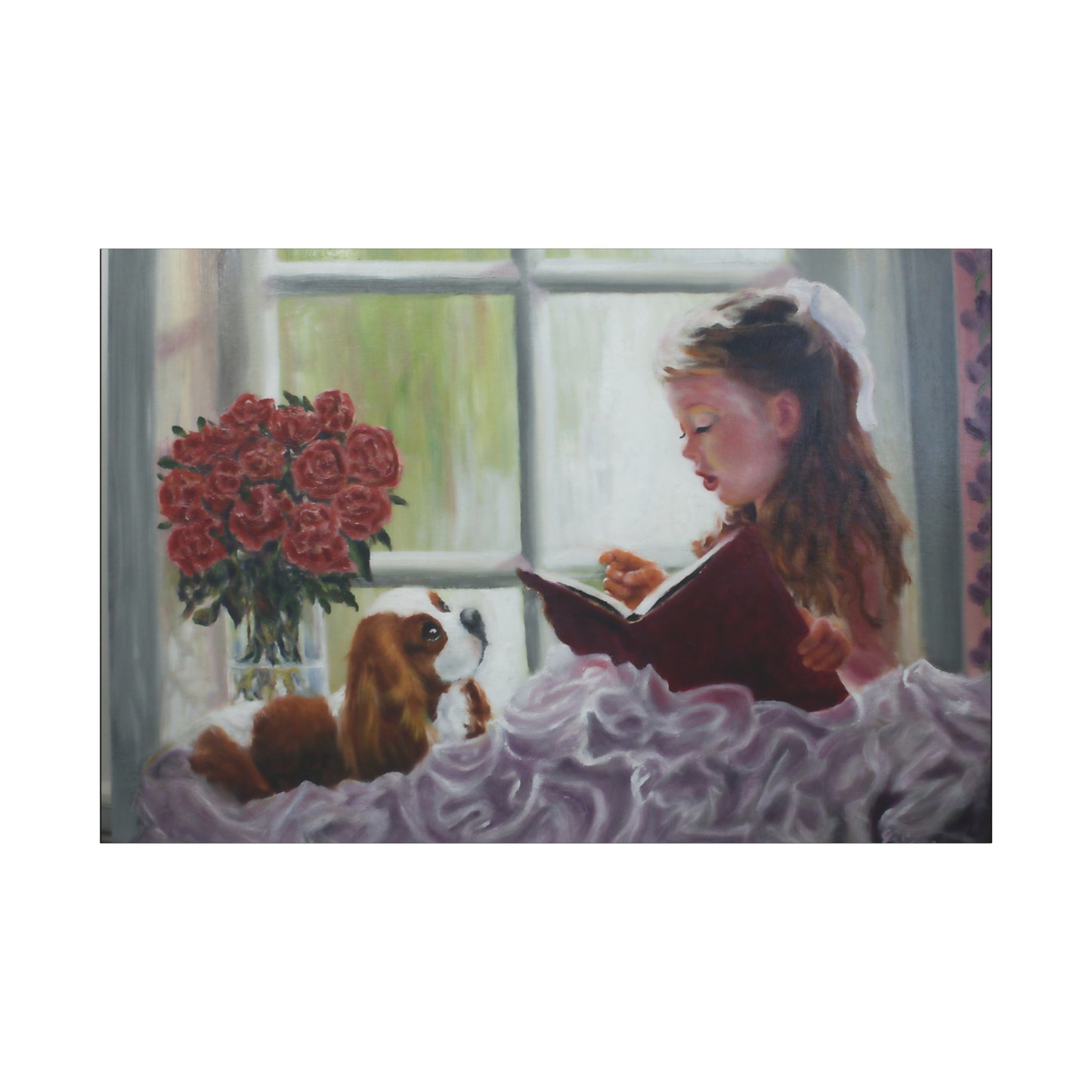 "Storyteller" Canvas Print - Girl Reading to Cavalier King Charles Spaniel