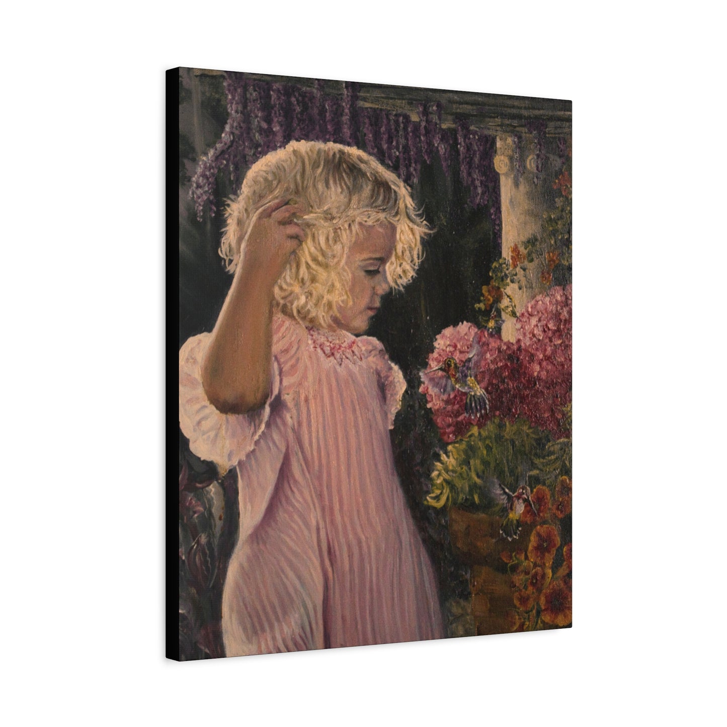 "Garden Surprise" Canvas Print - Girl with Hummingbirds Art