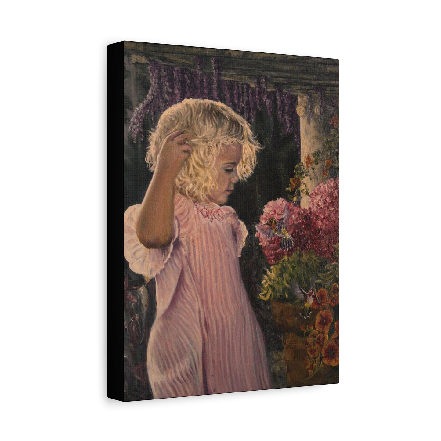"Garden Surprise" Canvas Print - Girl with Hummingbirds Art