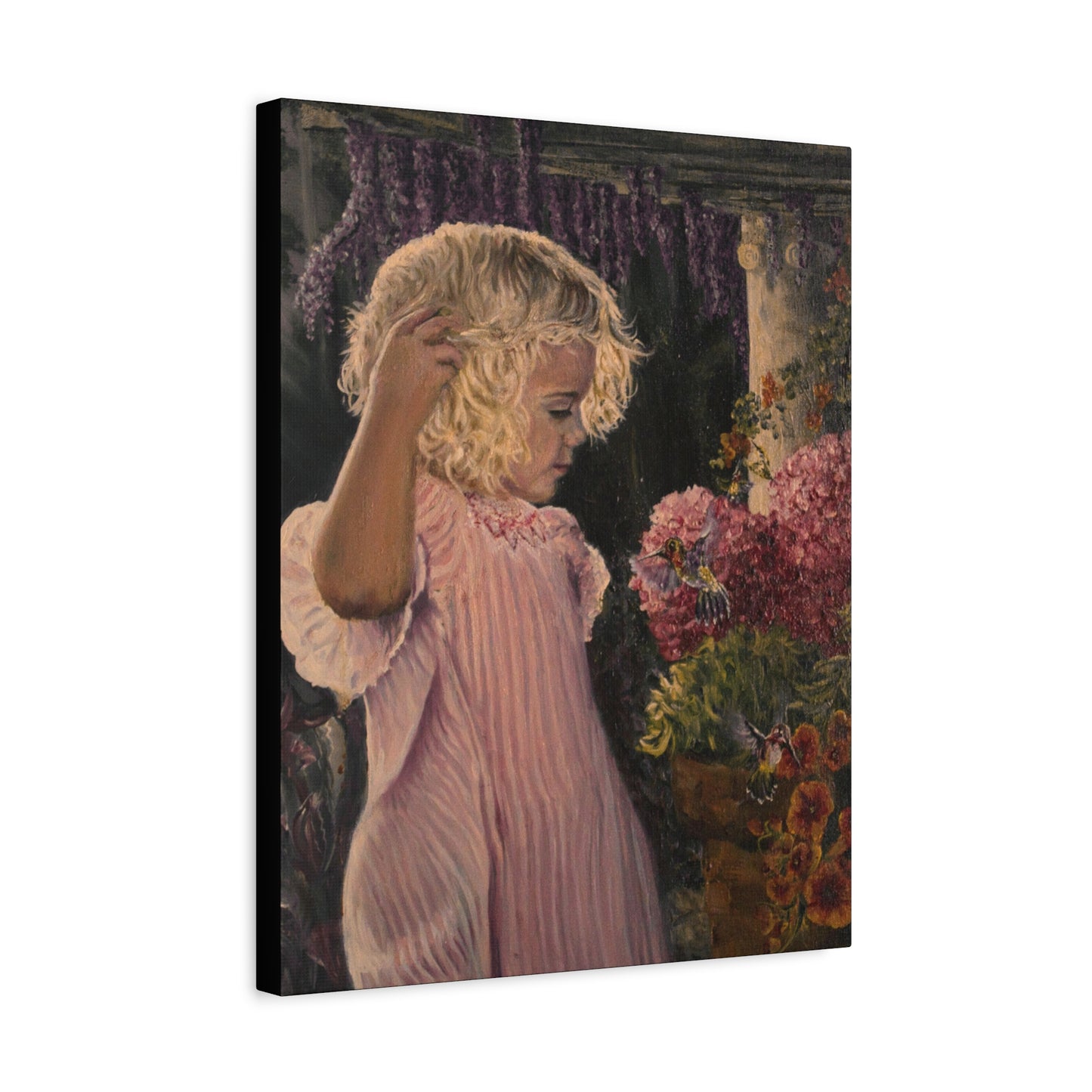 "Garden Surprise" Canvas Print - Girl with Hummingbirds Art