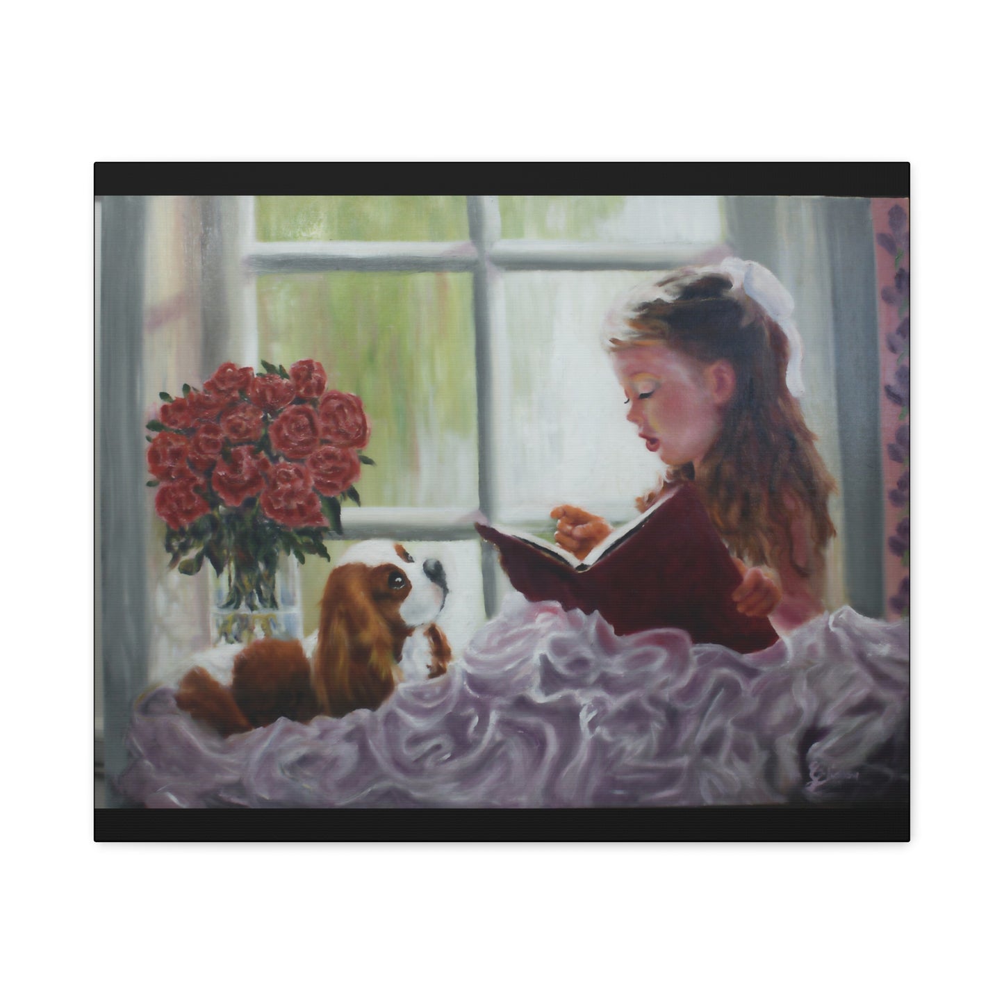 "Storyteller" Canvas Print - Girl Reading to Cavalier King Charles Spaniel