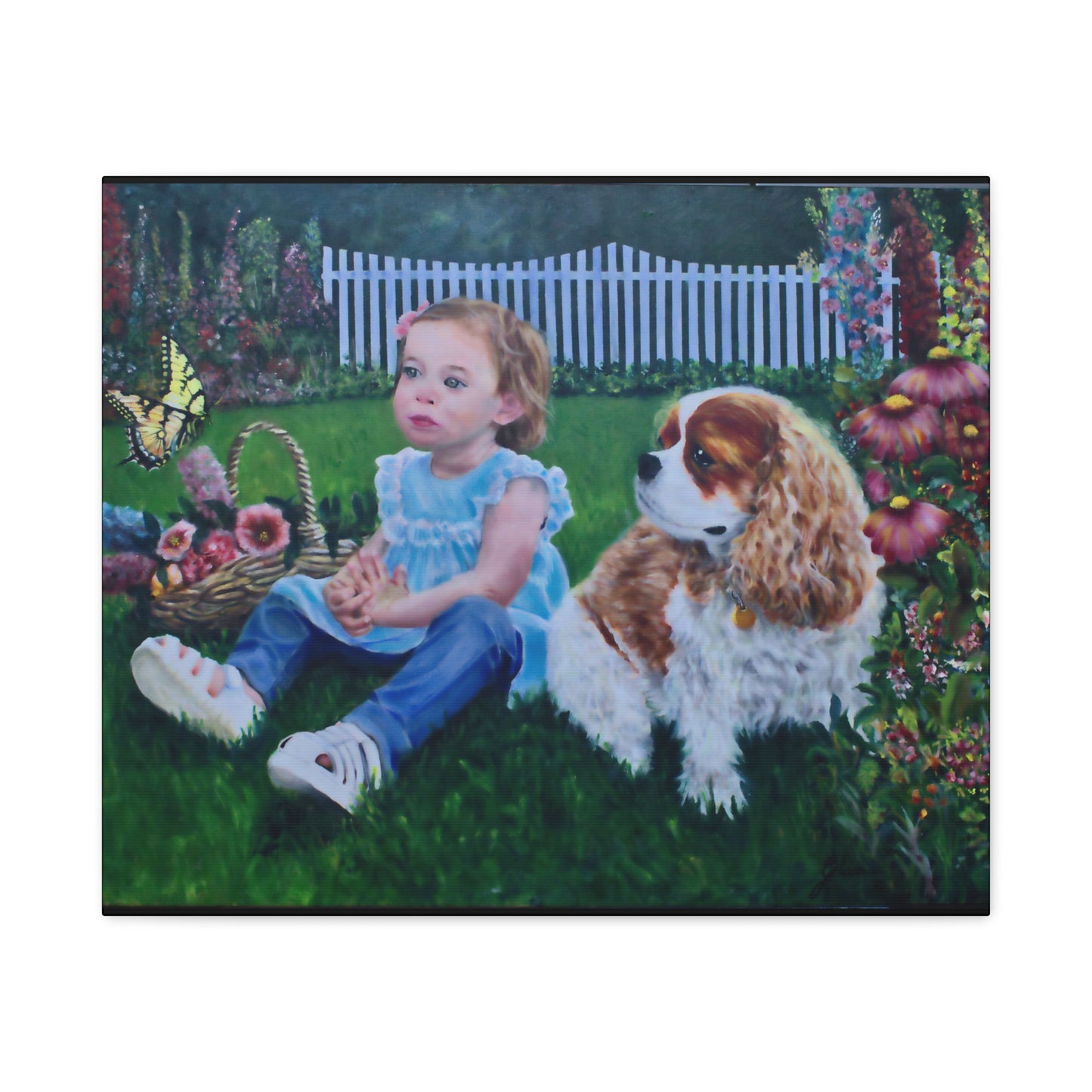 "Innocence" Canvas Print - Girl with Dog Garden Butterfly Art