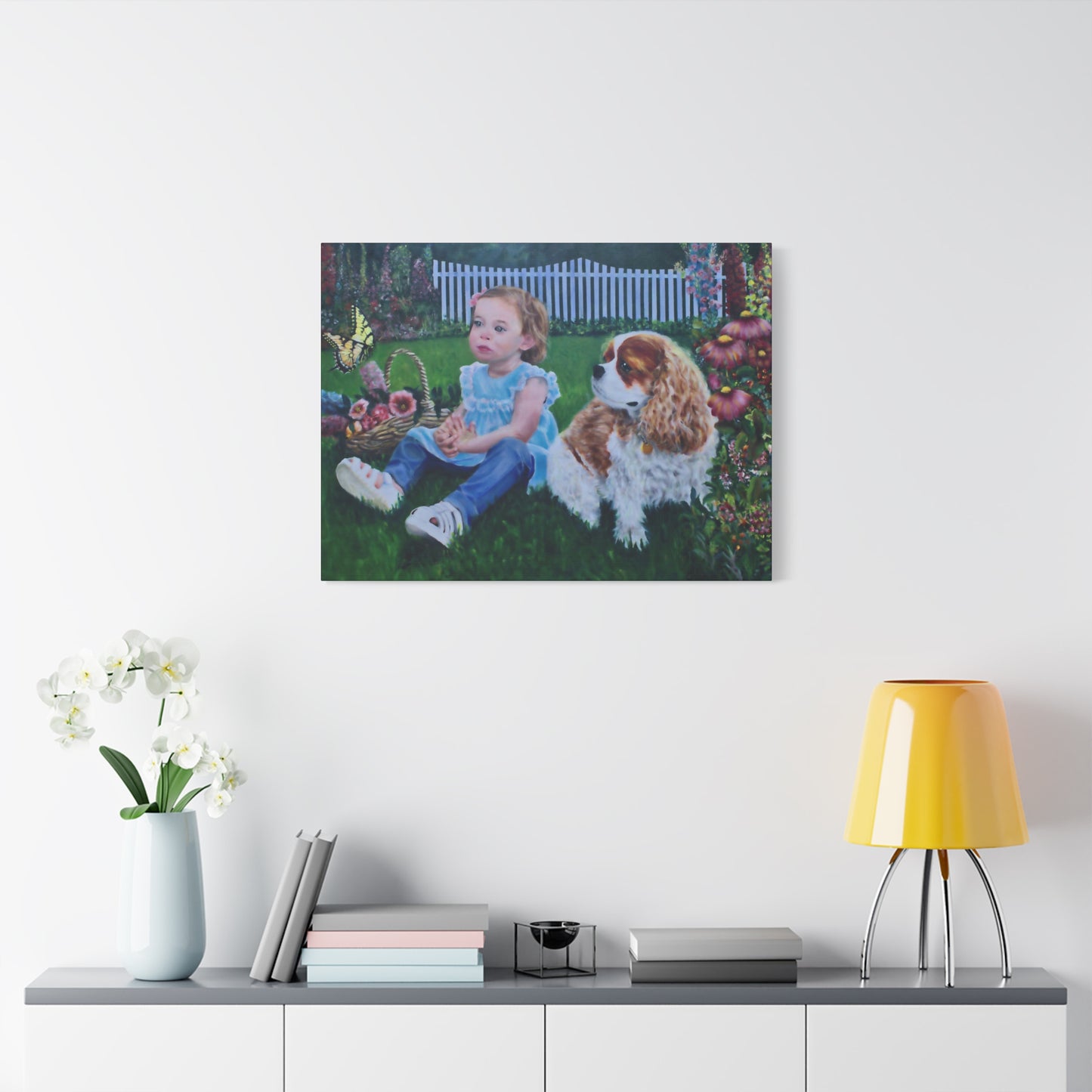 "Innocence" Canvas Print - Girl with Dog Garden Butterfly Art