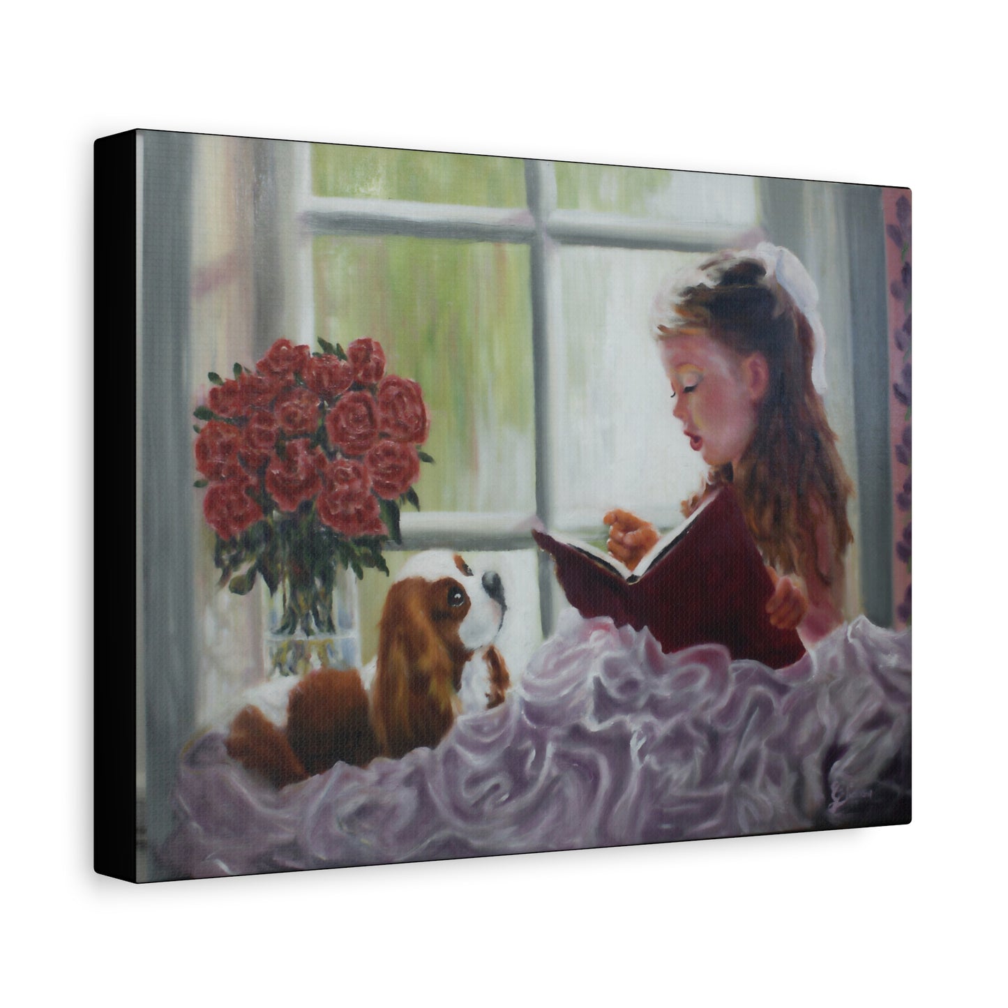"Storyteller" Canvas Print - Girl Reading to Cavalier King Charles Spaniel