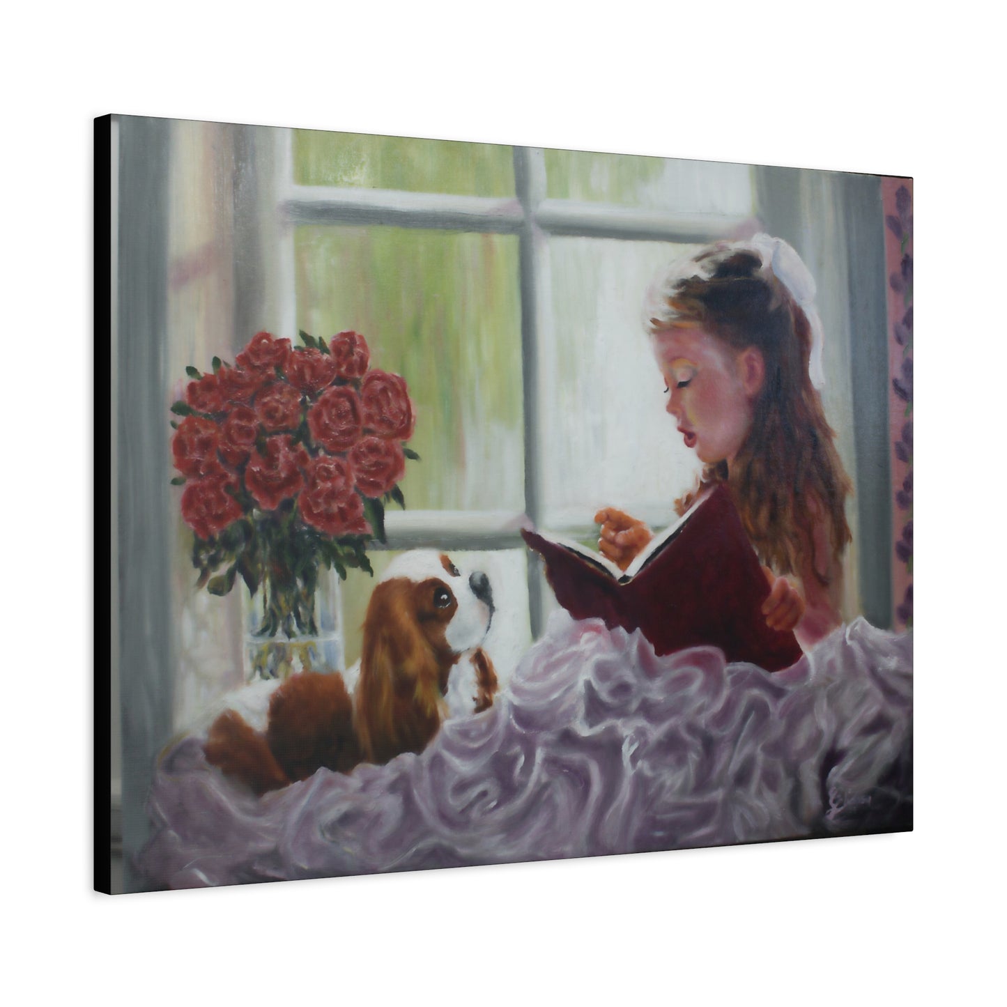 "Storyteller" Canvas Print - Girl Reading to Cavalier King Charles Spaniel