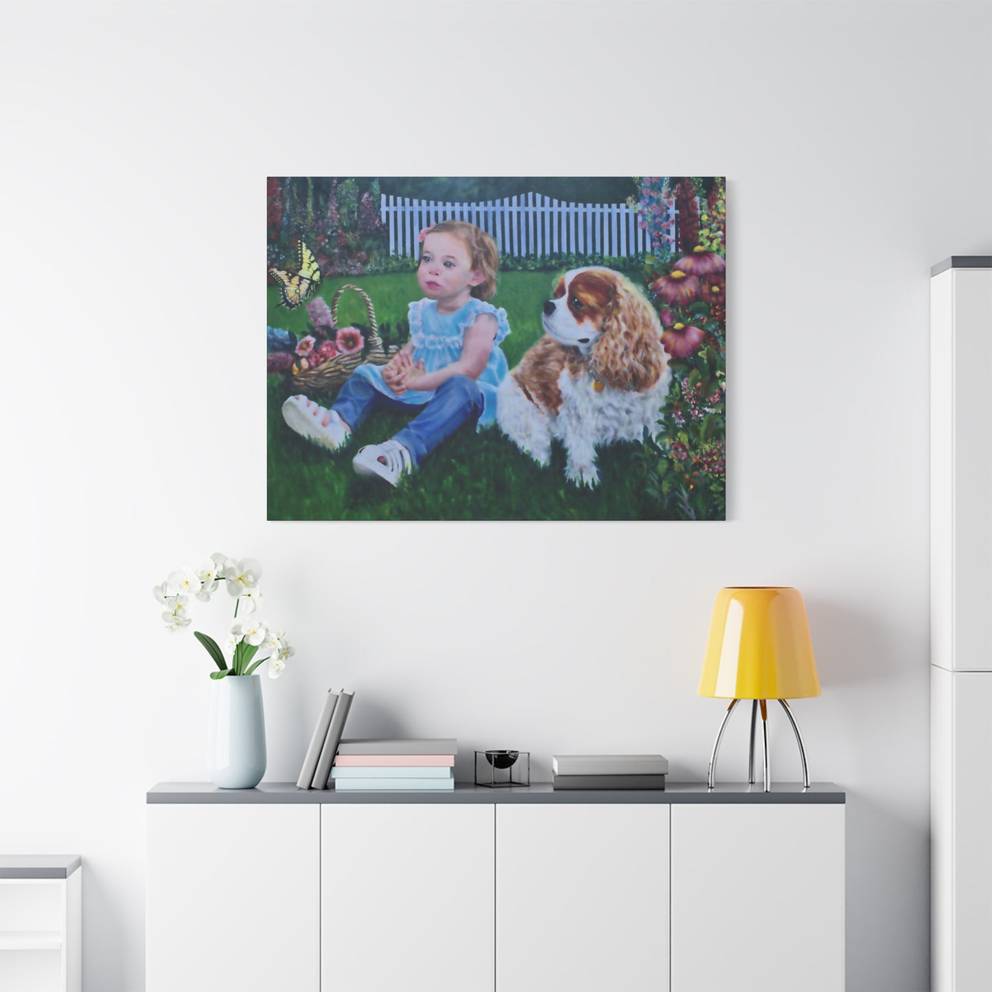 "Innocence" Canvas Print - Girl with Dog Garden Butterfly Art