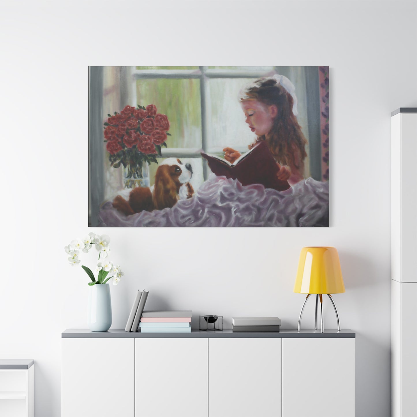 "Storyteller" Canvas Print - Girl Reading to Cavalier King Charles Spaniel