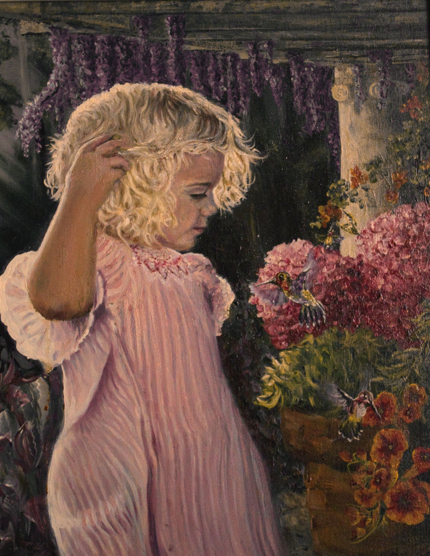 "Garden Surprise" Original Oil Painting on Linen - Girl with Hummingbirds