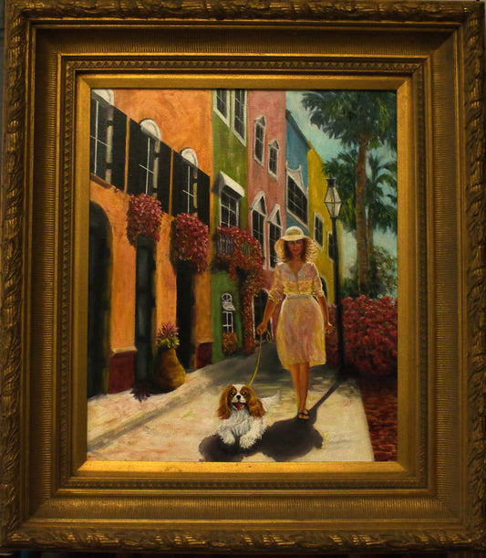 "Morning Stroll" Original Oil Painting on Canvas - Woman with Cavalier in Charleston 20x24